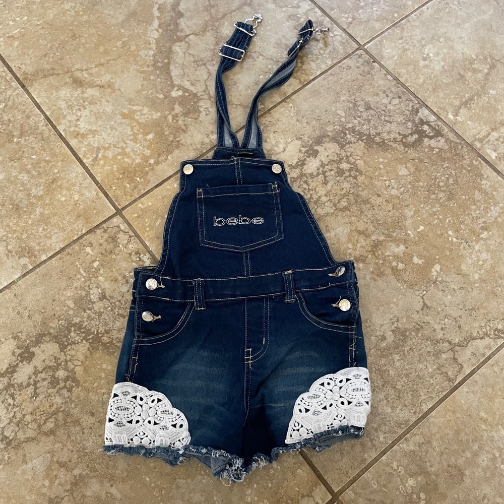 Bebe‎ Girls Denim Shortalls Blue Lace Trim Embroidered Logo Size M 5/6 Y2K Style